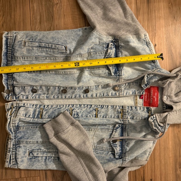 Red Label By Patrol Jeans Size Small Wash Denim Jacket Gray Hood & Sleeves Y2K - Picture 9 of 11